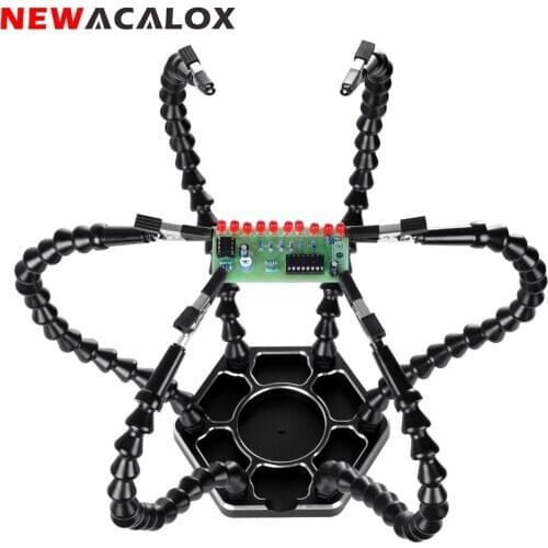 NEWACALOX Soldering Iron Holder with 6pcs Helping Hands Flashlight 3X LED Magnifier Soldering Third Hand PCB Welding Tools