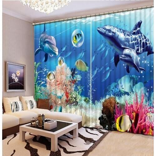 Ocean dolphin curtains 3D Curtain Printing Blockout Polyester blue curtain