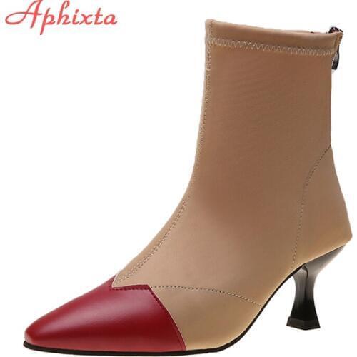 Aphixta Stretch Fabric Elastic Socks Heels Boots Women Waterproof Pointed Toe Ankle Boots Patchwork Shoes Zipper Female Boots