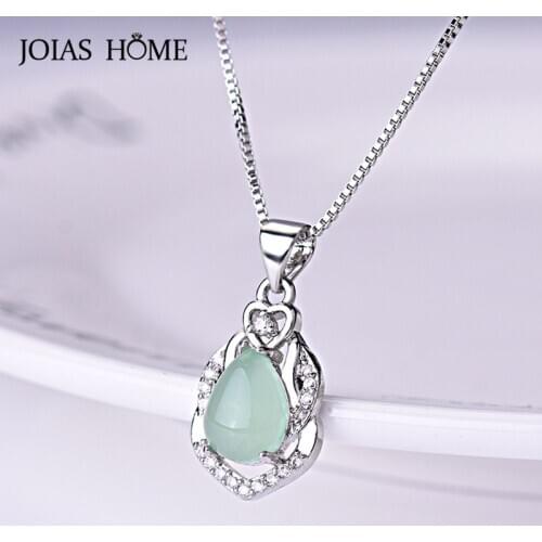 JoiasHome 925 Sterling Silver Necklace Pendant Light Emerald Chalcedony Pear-shaped Pendant with 45cm Clavicle Chain Party Gift