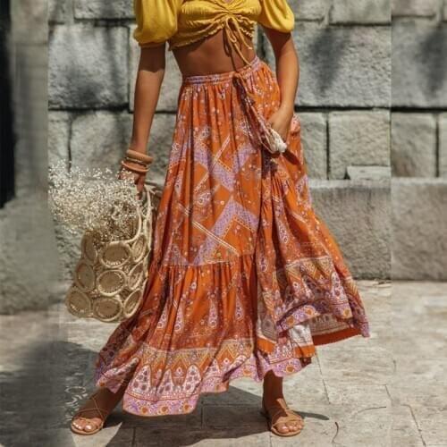 Vintage print bohemian skirts womens 2020 summer holiday beach cotton skirt girls big swing A-line boho skirts
