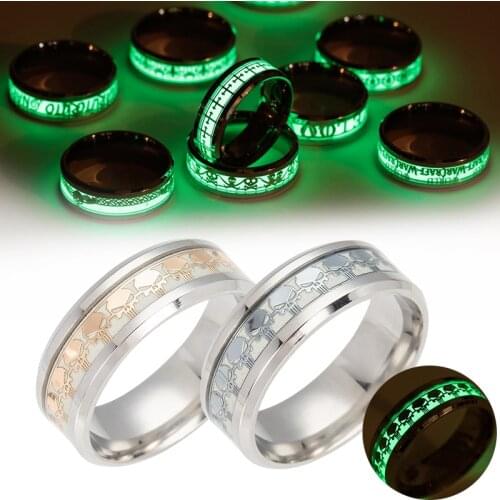 YWSHK Womens Stainless Steel Punk Skull Luminous Ring Mens Fluorescent Luminous Inlaid Skull Jewelry Party Exquisite Gift