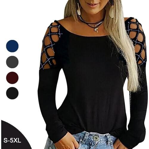 Hollow Out Women T-shirt Tops Autumn Fall Long Sleeve Casual Solid Lady T Shirt Tee Shirt Female Tops Plus Size S - 5XL
