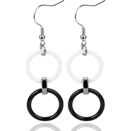 Double Size Round Circle Ceramic Drop Earrings For Women With Crystal Classic Black White Ceramic Fashion Jewelry Wedding Party