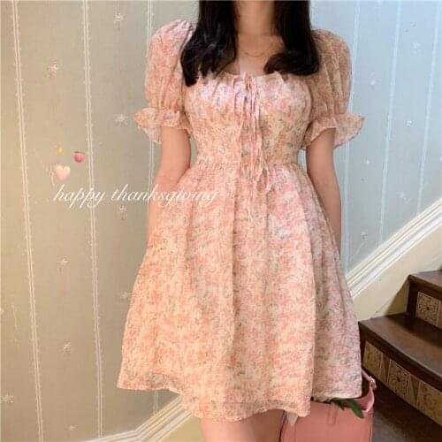Rose Sweet Summer Dress Short Sleeve Pink Mini Party Dress Women Korean Lace Up High Waist Loose A-Line Kawaii Girls 2021