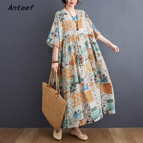 Short sleeve cotton vintage floral dresses for women casual loose long woman summer dress elegant clothes 2021