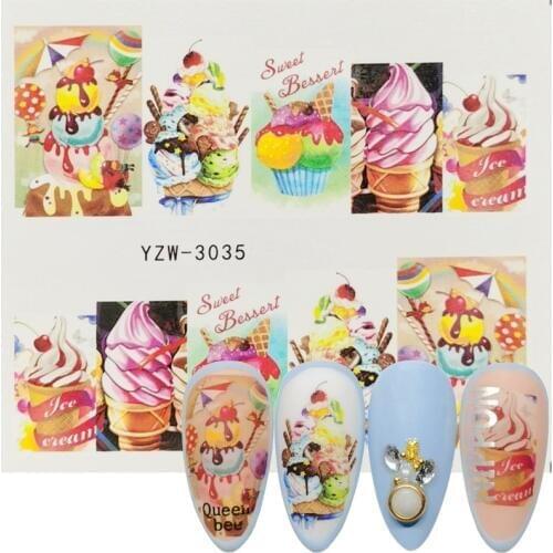 1 Sheet Nail Art Beauty Water Sticker Decal Slider Cartoon Cute Dessert Coconut Ice Cream Cake Cherry Fruit Cup Watermark Slider