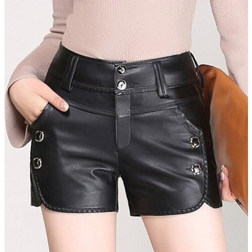 2018 New Winter Fall Fashion Women 4XL 3XL Buttons Black PU Leather Shorts , Casual Spring Slim Korea Style Shorts For Woman