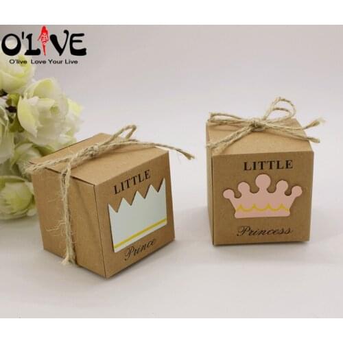 50 Pcs Baby Shower Boy Girl Candy Box Prince Princes Kraft Gift Favors Baptism Suagr Boxes Birthday Decoration Christening