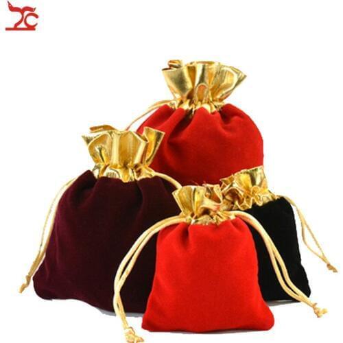 50pcs/lot Jewelry Packing Wedding Gift Bags Drawstring Bag with Golden Flannel Portable Organizer Toiletry Bag Case Adjustable