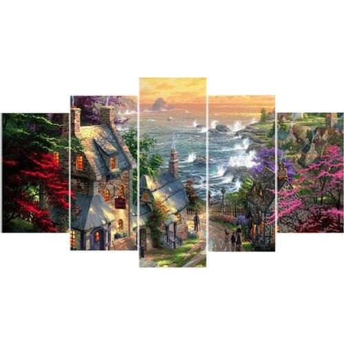 Full square/round diamond Embroidery seaside village,diamond painting 5 Panel diamond mosaic sets scenery for living room decor