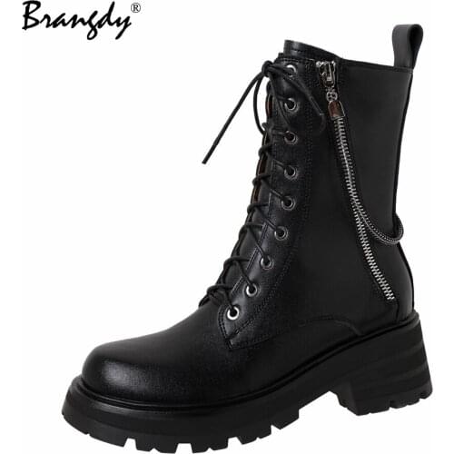 Brangdy Women Martin Boots Genuine Leather Women Shoes Metal Decoration Round Toe New Womens Winter Ankle Worker Boots Zipper