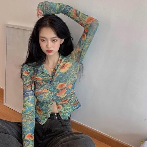 Printed Flower Shirt Women Fashion Spring Autumn Slim Tight Blouse Shirt Long Sleeve Baseshirt Sexy Undershirt Short PrimerShirt