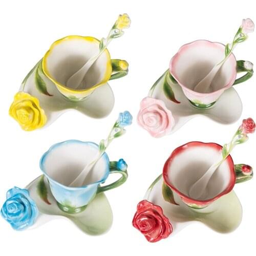 Porcelain Cup Rose Shape Flower Enamel Ceramic Coffee Tea Cup Saucer Spoon