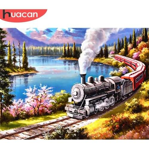 HUACAN Full Square Diamond Embroidery Train Art Rhinestone 5D DIY Diamond Painting Landscape Handicraft Decor For Home