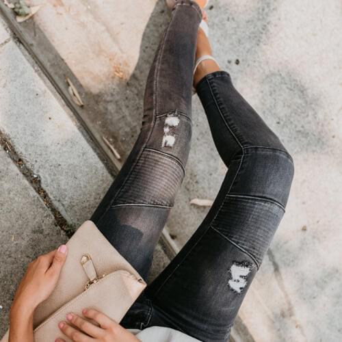 KL926 Top selling women denim jeans hole elastic ripped jeans middle waist fashion pleated skinny pencil pants