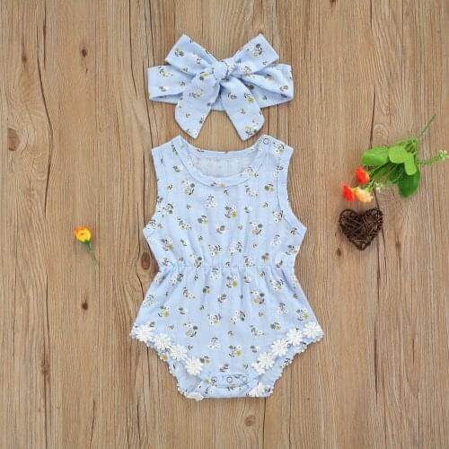 Newborn Sleeveless Romper + Bow Hairband, Floral Print Lace Decoration Sweet Style Romper Summer Baby Girl Clothes