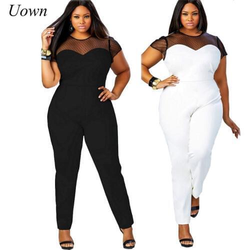 2017 Womens Plus Size Jumpsuits Summer Casual Overalls Rompers Mesh Patchwork Bodycon Playsuits Long Pant Ladies Bodysuits 4XL