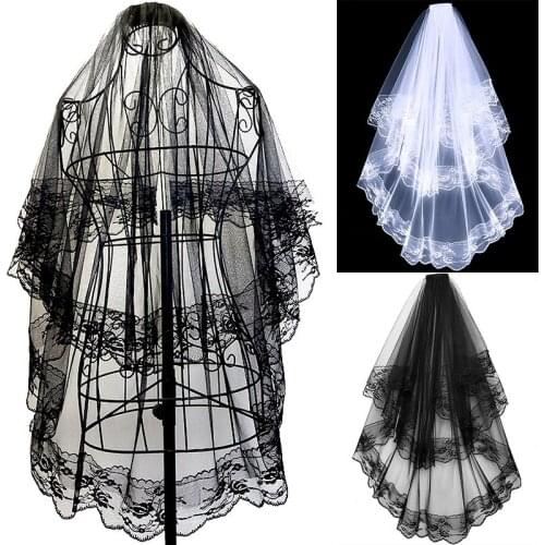 Black White Lace Bridal Veils with Comb Short Two Layer Bridal Vintage Wedding Veils for Bride Cosplay Costume Hair Accessories