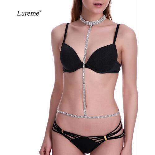 Lureme Simple Silver Tone Chain Pave Crystal Bikini Crossover Harness Necklace Body Chain (bc000010)