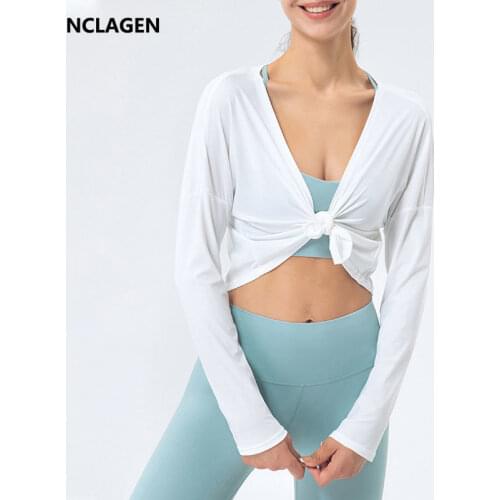 NCLAGEN Yoga Blouse Long Sleeve Loose Casual Fitness Cardigan Sports Top Workout Coat Gym Smock Buttock Covering Bandage Skirt