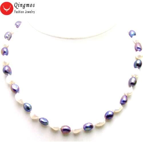 Qingmos Fashion Baroque Genuine White and Black Pearl Necklace for Women Jewelry with Natural Freshwater Pearl Choker 17" Colar