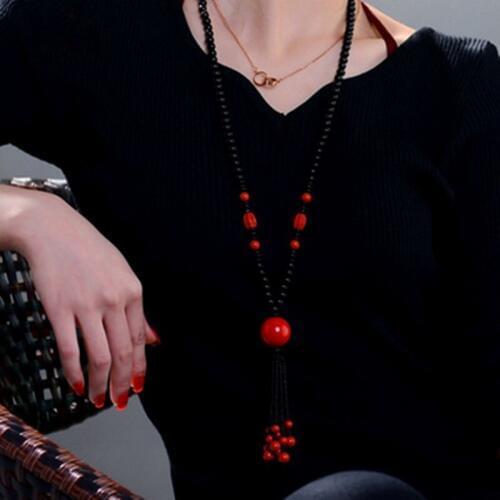 Natural Genuine Red Vermilion Pendant Necklace Carved Flower Pendant Black Round Sweater Chain Gift for Womens Jewelry
