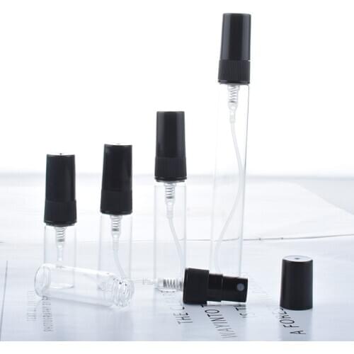 50pcs/lot 2ML 3ML 5ML 10ML Clear Black Glass Spray Bottle Black Perfume Atomizer Mini Sample Test Tube Bottle Thin Glass Vials