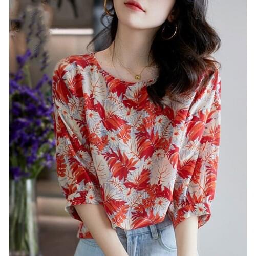 Floral Print Plus size Tops For Women Summer Puff sleeve Elegant Blouses Ladies Casual Loose Tee Shirt 2021 New White