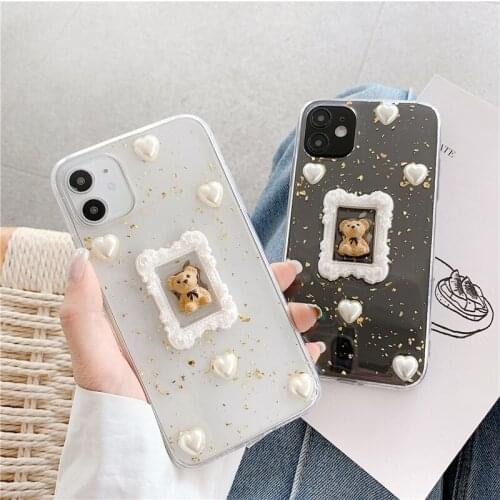 Retro Sweet 3D bear Gold leaf Glitter Japanese Phone Case For iPhone 12 11 Pro Max Xr Xs Max 7 8 Plus 7Plus case Cute soft cover