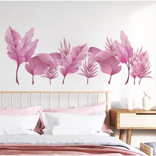 Romantic Pink Leaves Wall Stickers Living Room Decor Aesthetic Skirting Line Warm Bedroom Study Self Adhesive Mural Room Decor