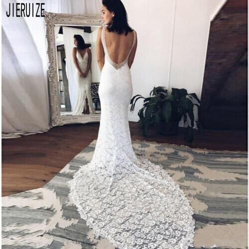 JIERUIZE Sexy Split Mermaid Wedding Dresses V Neck Backless Beach Wedding Bridal Gowns White Lace Bride Dresses robe de mariee