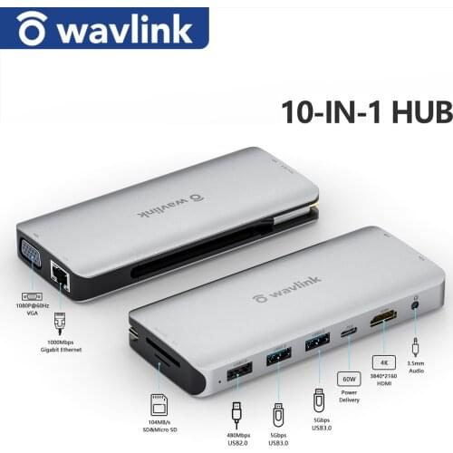 Wavlink USB C Hub 10-in-1 USB C Adapter With 87W PD HDMI-Comaptible/VGA 2K 60Hz SD Card Reader RJ45 Ethernet Port For Laptop