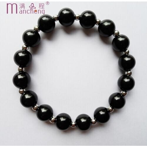 Jewelry factory 10MM Black beads bracelet with plated Fine quatity black Plastic beads stretch bracelet for women