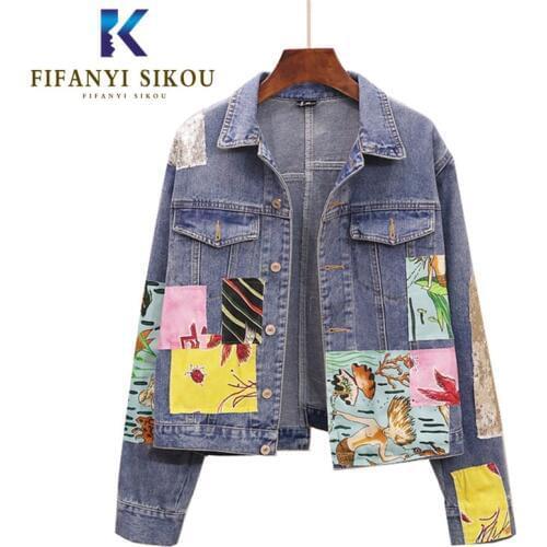 2020 Spring Women Denim Jacket Patchwork Sequins Fashion Jeans Jacket Female Pocket Long sleeve Loose Jeans Coat Streetwear