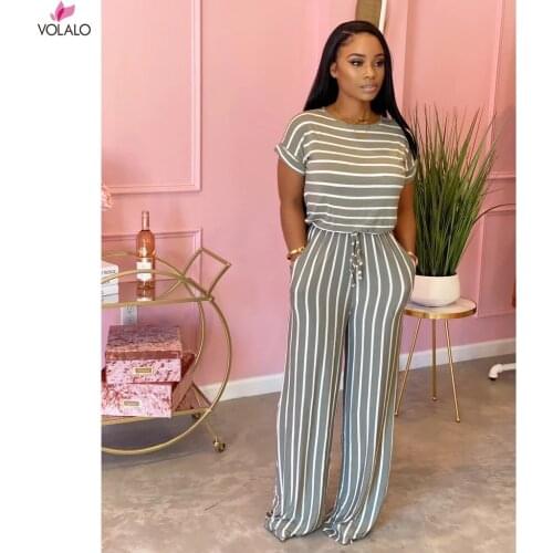 Women Causal Striped Short Sleeve Jumpsuit Plus Size Loose Fit Summer Long Pants Daily Overalls Comfy Jumpsuit