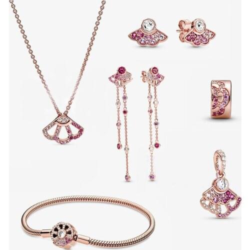 2020 High Quality New Style 925 Sterling Silver Pink Fan Series Small Charm Diy Bracelet Original Lady Temperament 1:1 Jewel