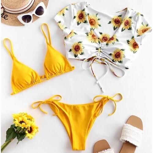 Womens Bikini Print Set Swimsuit Three Piece Filled Bra Swimwear Beachwear