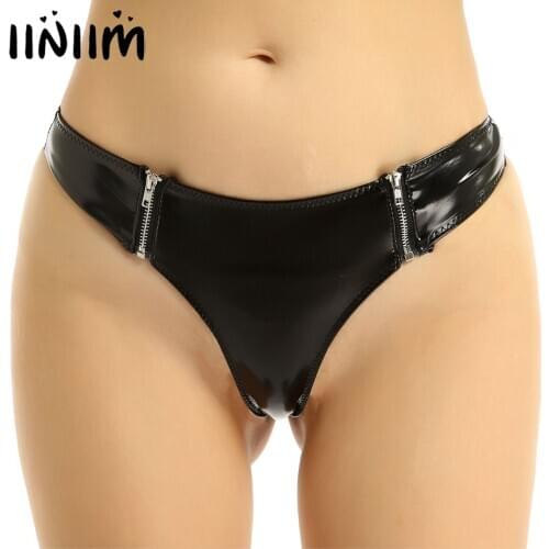 Womens Lingerie Panties Shiny Leather Bikini Briefs Low Rise Front Zipper Thong Underwear Underpants for Sexy Rave Pole Clubwear