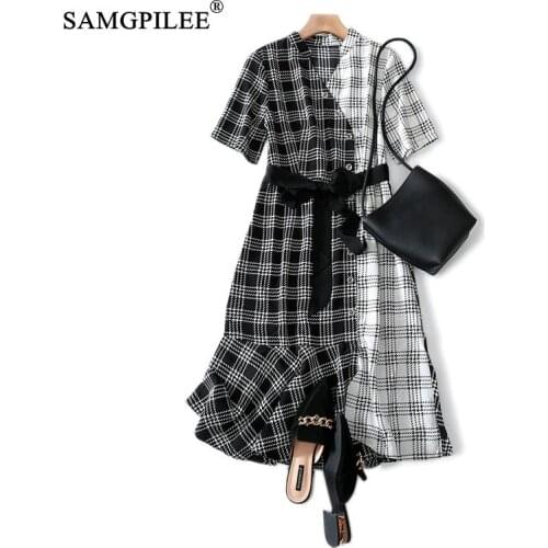 Women Dresses Summer 2021 New Fashion Vestido Casual A-line Plaid Short Sleeve Sashes Korean Style V-neck Dress For Womens Party