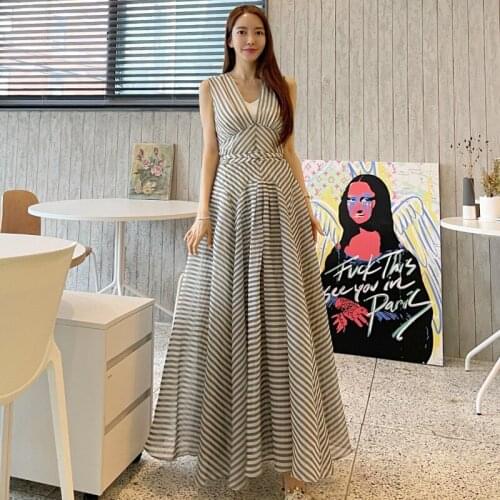 Fashion Sexy V-Neck Sleeveless Stripes Chiffon Dress Women Big Swing Casual Beach Party Holiday Maxi Long Dress