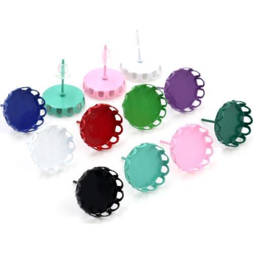 12mm 20pcs 9 Fashion Color Plated Earring Studs,Earrings Blank/Base,Fit 12mm Glass Cabochons,Buttons;Earring Bezels