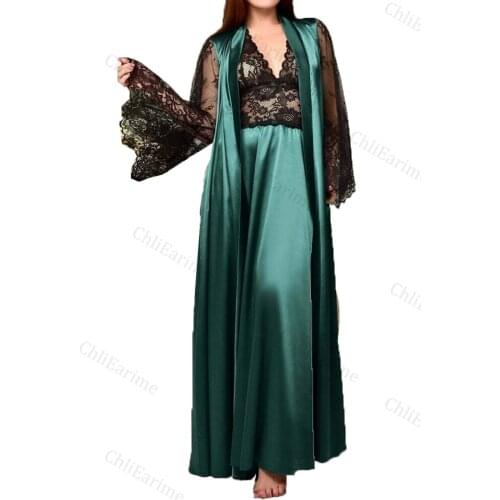 Ladies wedding pajamas and home wear satin lace open back tulle V-neck robe 2 pieces