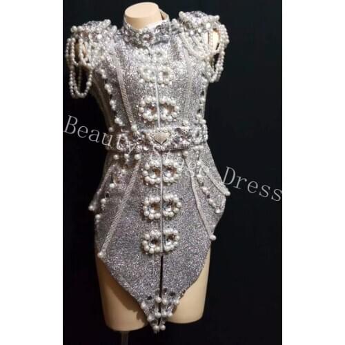 2019 Style Design Sparkly Silver Gray Pearls Crystals Outfit Dance Wear Party Costume Stage Club wear Singer Dance Clothes