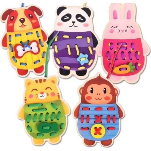 5Pcs Threadin Puzzle Toy Handmade DIY Toys For Children wood Animal Car Model Traffic Montessori Thread and string change suit