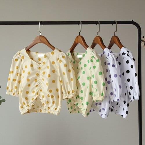 DAXIN HRetro Style V-neck Bubble Sleeve Blouses Summer Polka Dot Short Sleeve Shirt High Waist Short Polka Dot Shirt Top