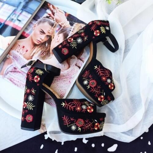 Summer Ladies Luxury Mixed Colors Flower Embroidery Platform Women Floral Chunky High Heel Sandals Kid Suede Peep toe Stiletto
