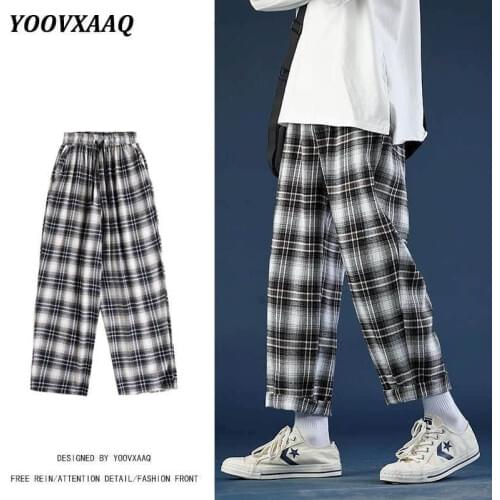 Pants for Men Women DK Korean Grunge Straight Wide Legs High Waist Checked Pants Draping Black White Hip Hop Casual Trousers