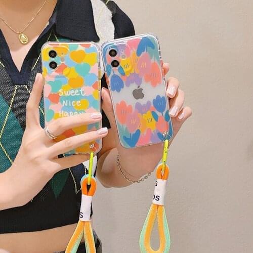 Sumkeymi Cute Graffiti Love Heart Flowers Phone Case For iphone 11 12 Pro X XS Max XR 7 8 Plus 12mini Soft TPU Hand Strap Shell