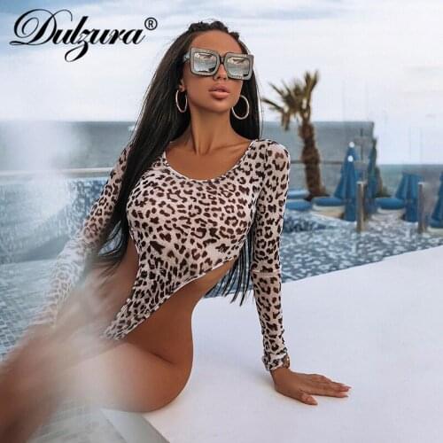 Dulzura Leopard Print Women Long Sleeve Mesh Thong Bodysuit Sheer See Through Sexy Streetwear Party Club 2021 Autumn Winter